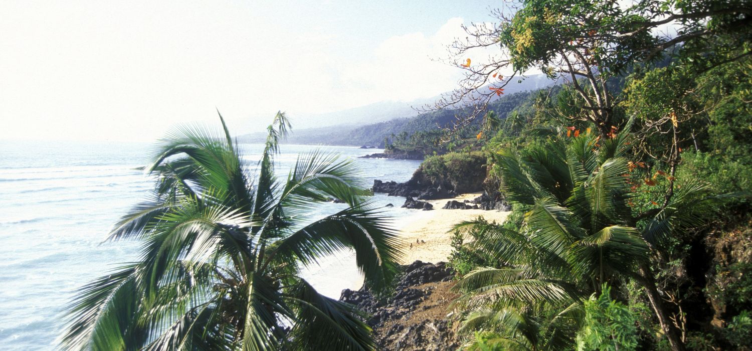 The landscape on the coast of the village Moya on the Island of Anjouan on the Comoros Ilands in the Indian Ocean in Africa.