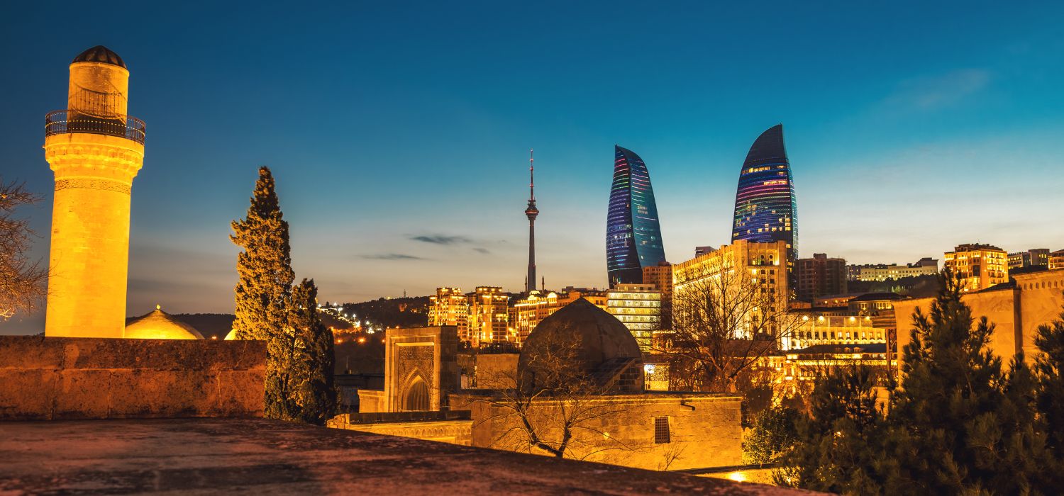 View of the Baku old town during the blue hour. Beautiful golden colors in the buildings. In Azerbaijan