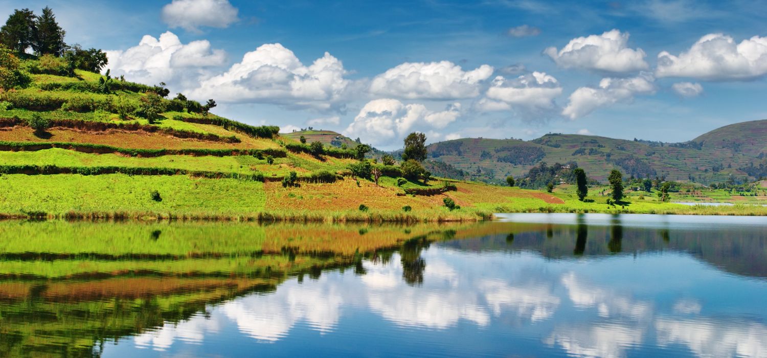 Beautiful mountain lake Bunyonyi in Uganda