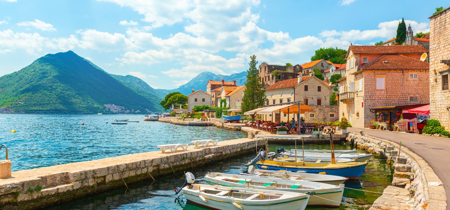 Historic town of Perast at Bay of Kotor in summer, Montenegro