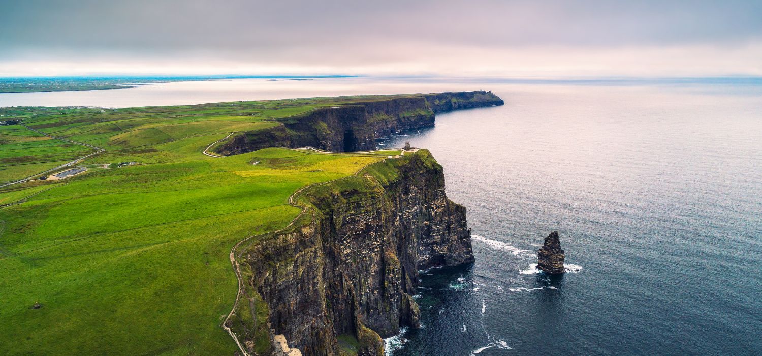 Aerial view of the scenic Cliffs of Moher in Ireland. This popular tourist attraction is situated in County Clare along the Wild Atlantic Way.