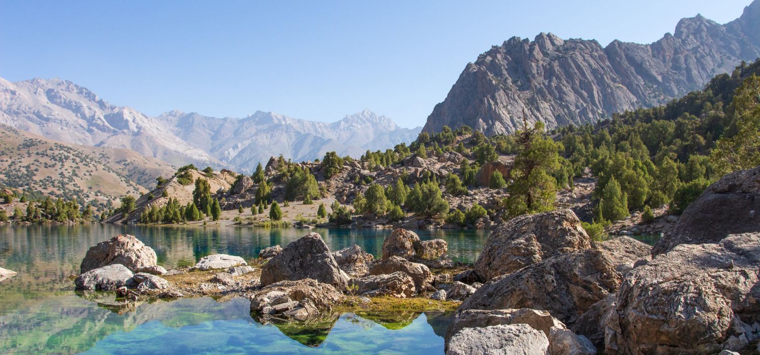 Fann mountains. Tajikistan. Shore of Alaudin lake. Summer hiking in Fann mountauns.