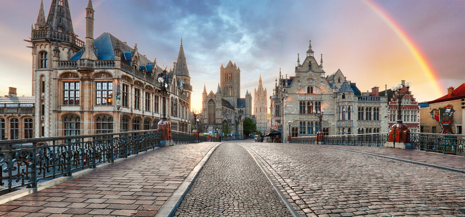 Rainbow over Ghent, Belgium old city