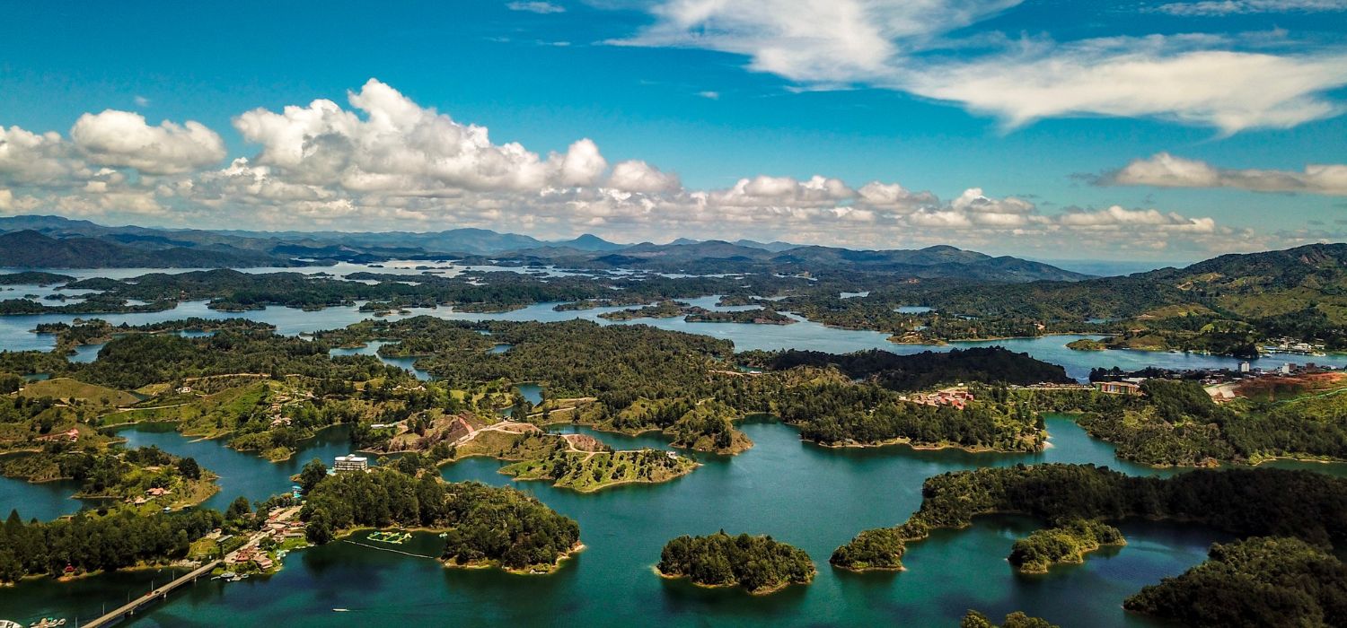 Aerial view from the top of the El Peñón de Guatapé Inselberg in Colombia