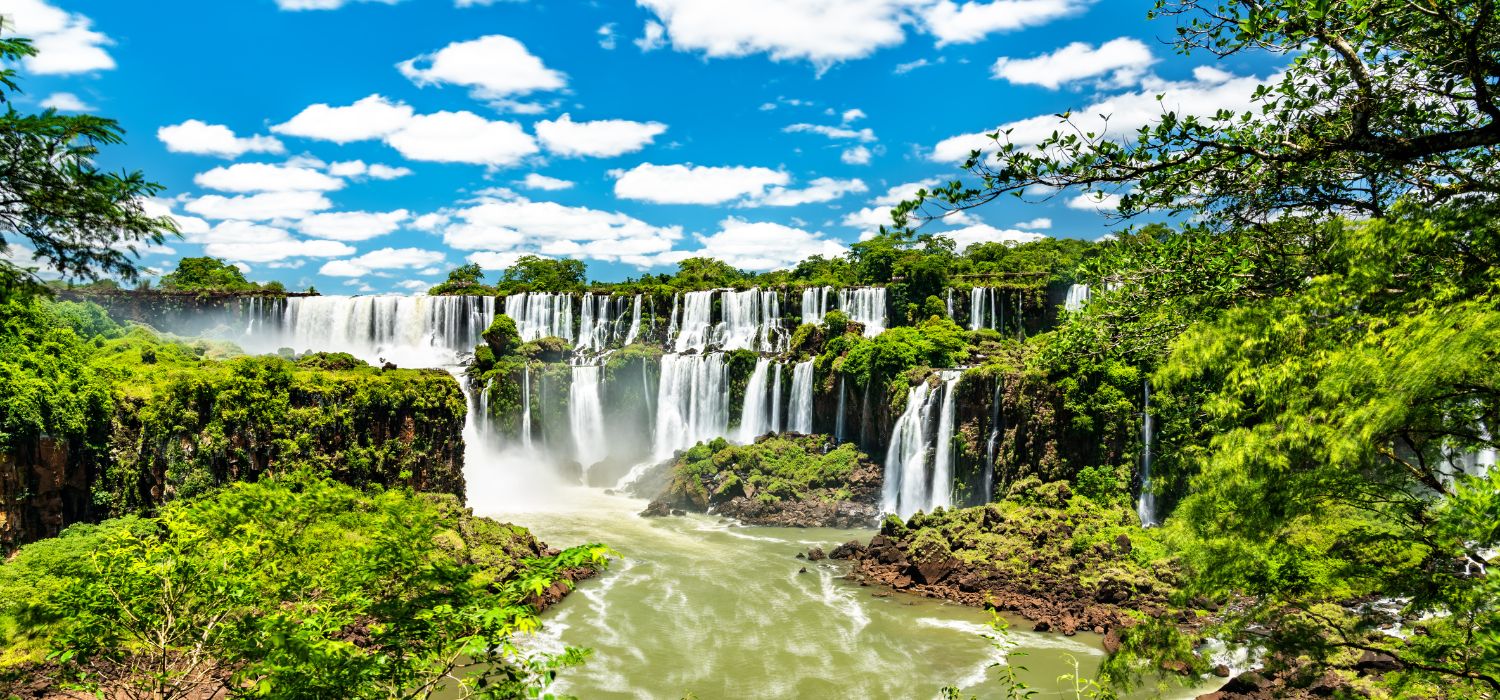 View from the jungle to Iguazu Falls, the largest waterfall in the world. UNESCO world heritage in Brazil and Argentina