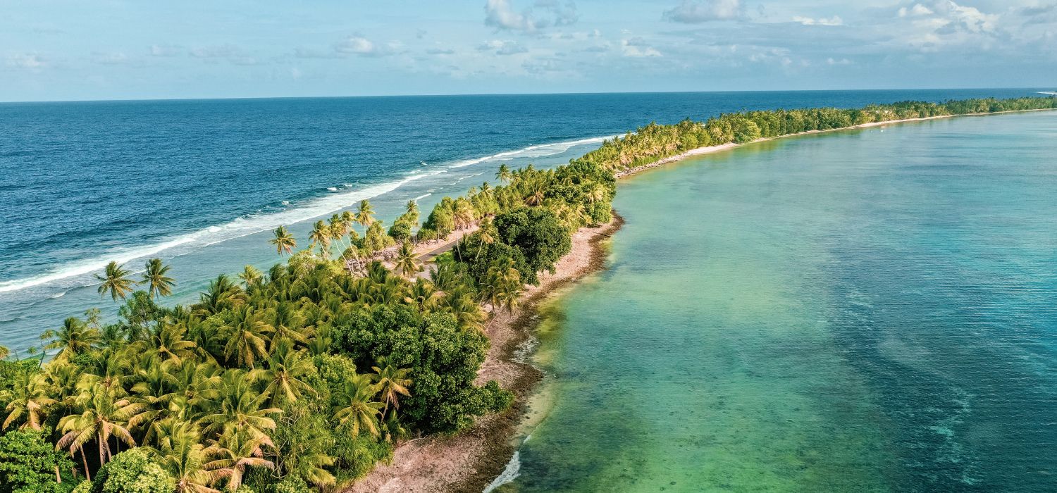 Aerial view of the island of Tuvalu located in the Pacific Ocean.