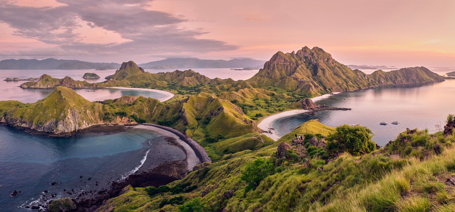 Panoramic colorful view at top of 'Padar Island' in sunrise (morning) from Komodo Island, Komodo National Park, Labuan Bajo, Flores, Indonesia. in summer