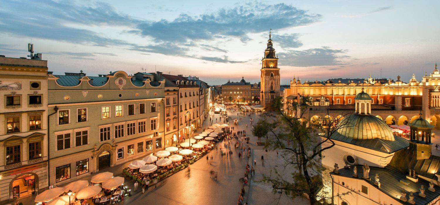 View of the town square and market hall in Krakow, Poland