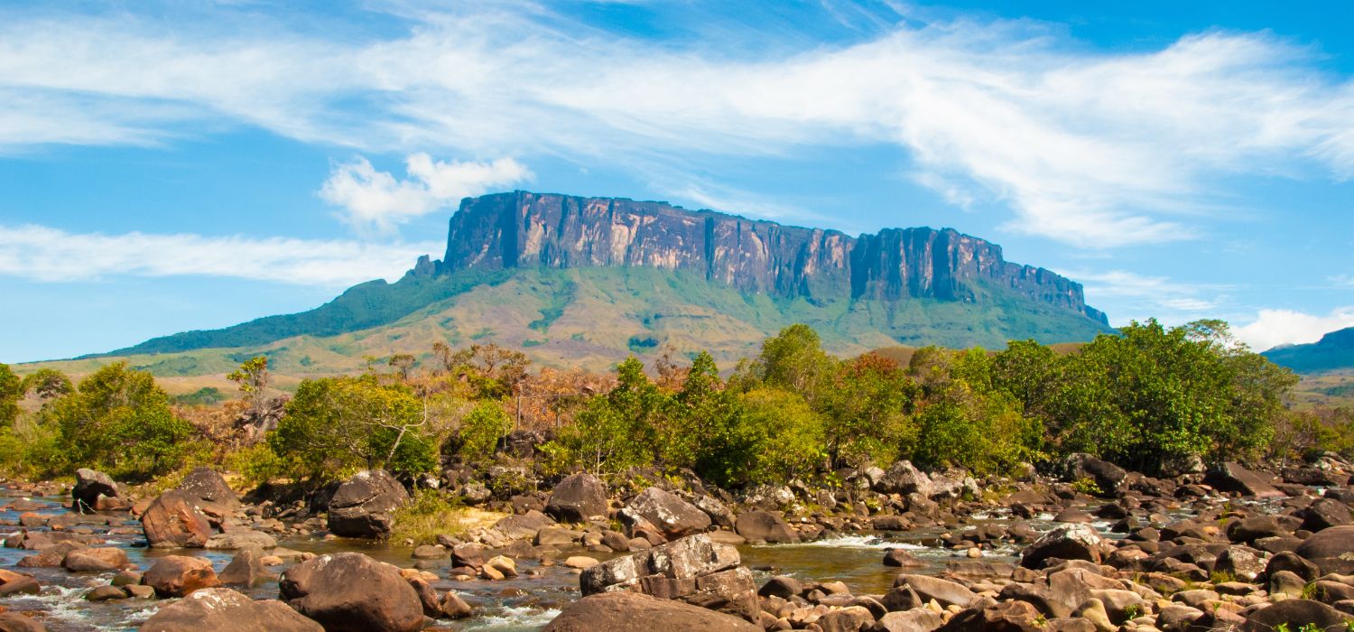 Kukenan table mountain with Kukenan River in front, Great Savanna, Canaima National Park in Venezuela