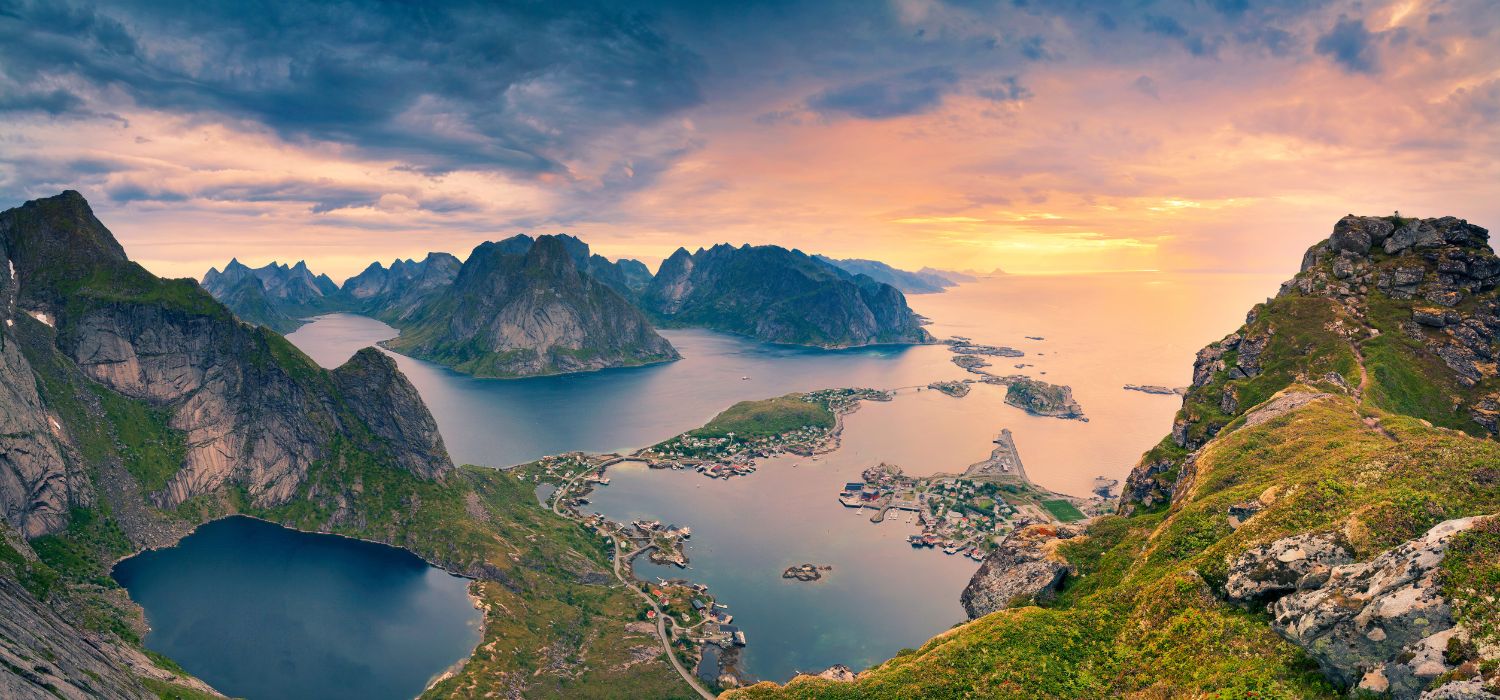 View from Reinebringen at Lofoten Islands, located in Norway, during summer sunrise