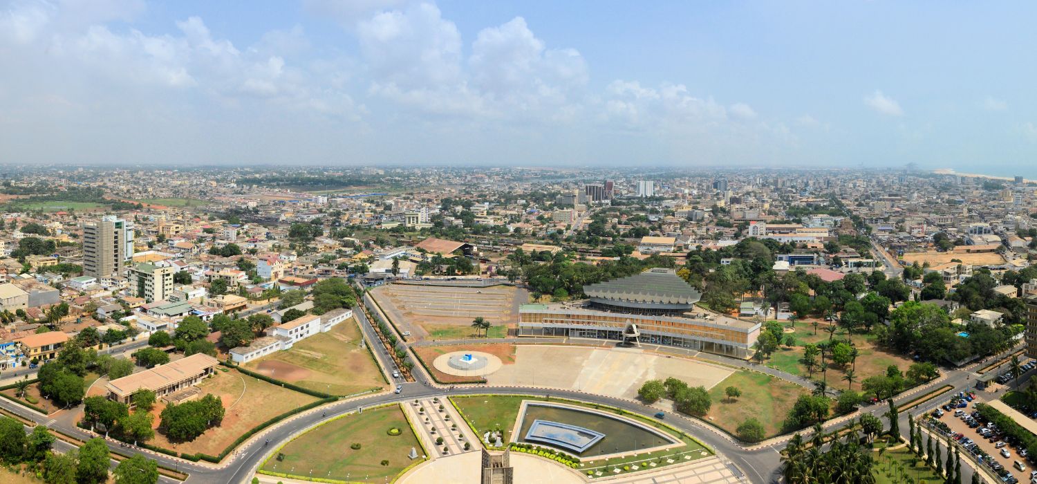 Lomé, Togo: cityscape of the Togolese capital - skyline seen from above the main square (Place de l'Independance)