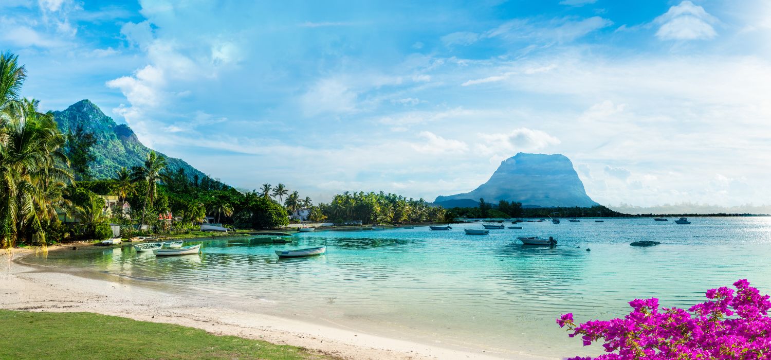 Mauritius landscape with la Gaulette fisherman village and Le Morne Brabant mountain, Africa