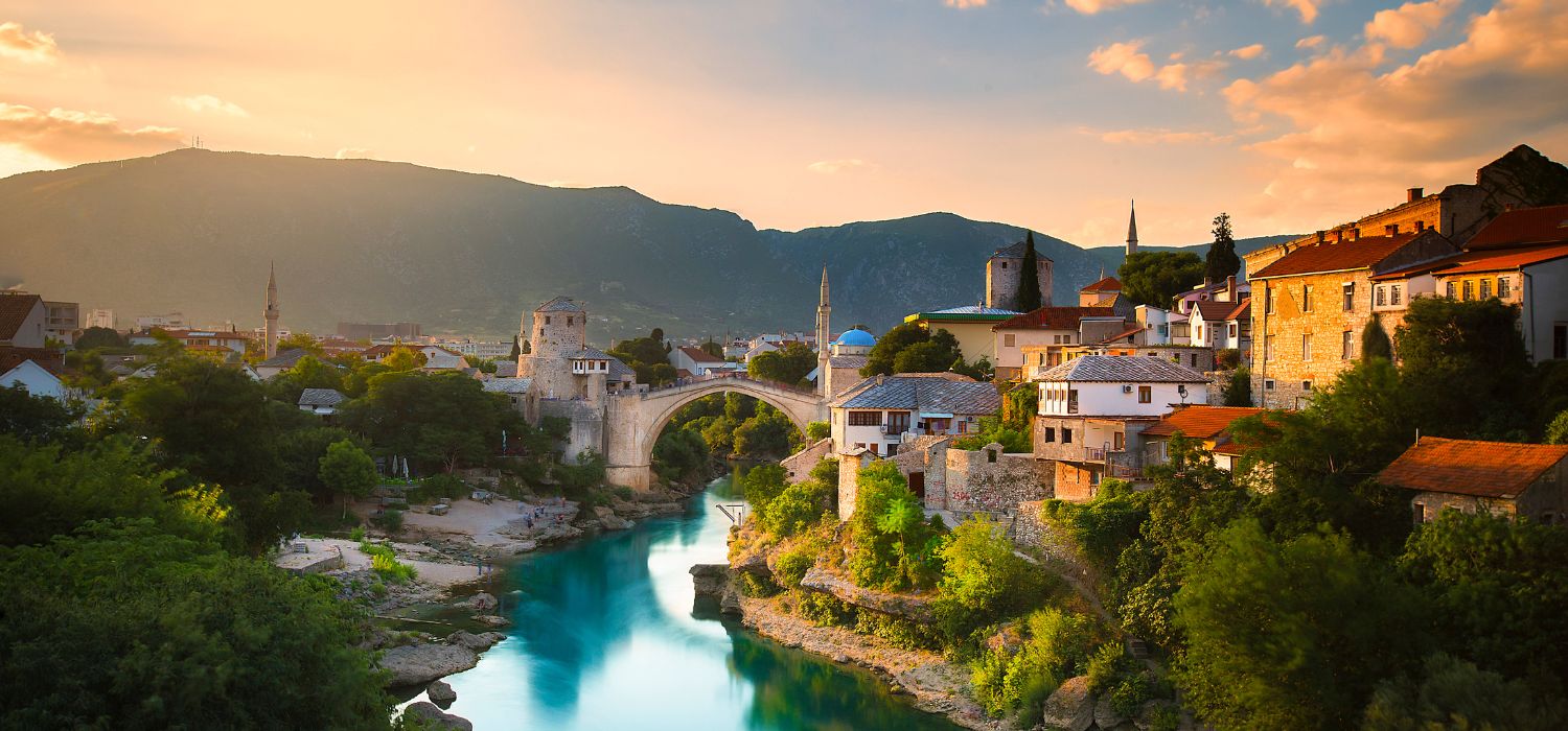 Mostar, Bosnia and Herzegovina. The Old Bridge, Stari Most, with emerald river Neretva