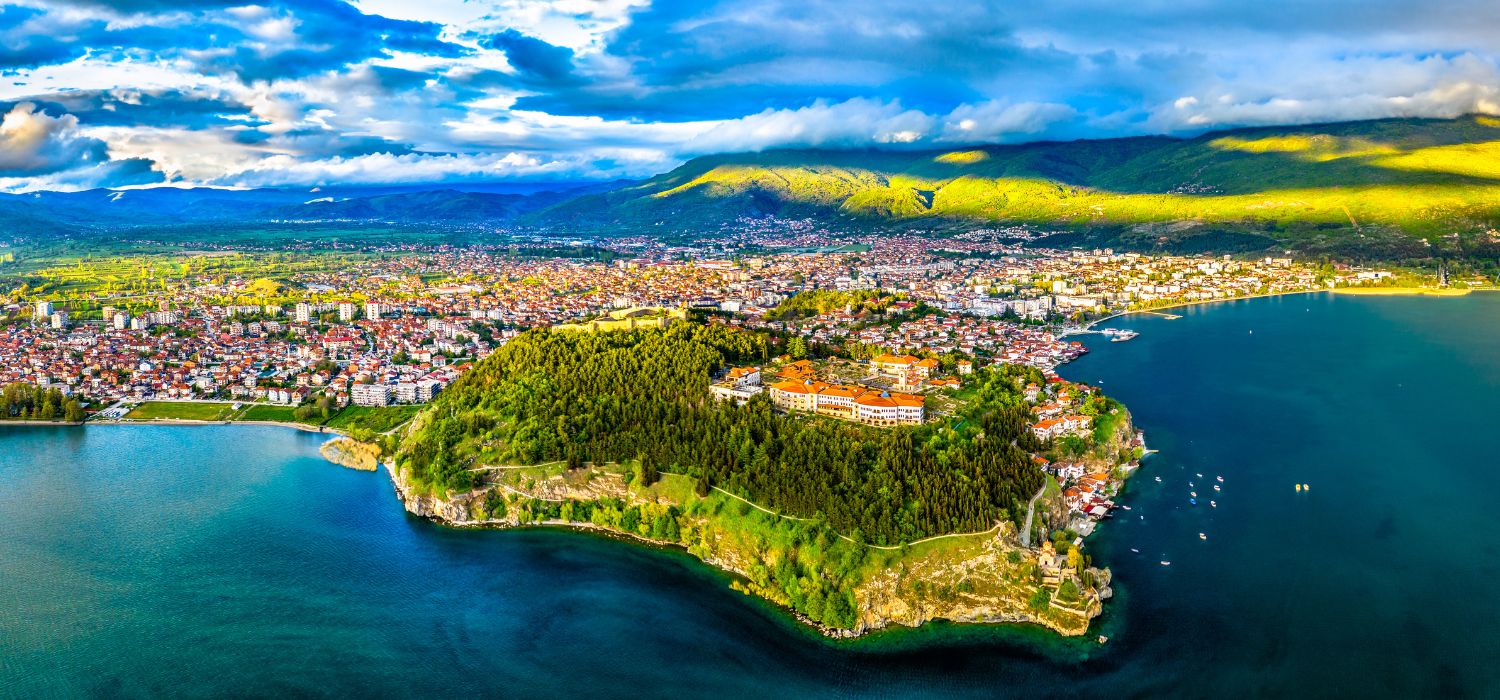 Aerial view of Samuel's Fortress and Plaosnik at Ohrid in North Macedonia