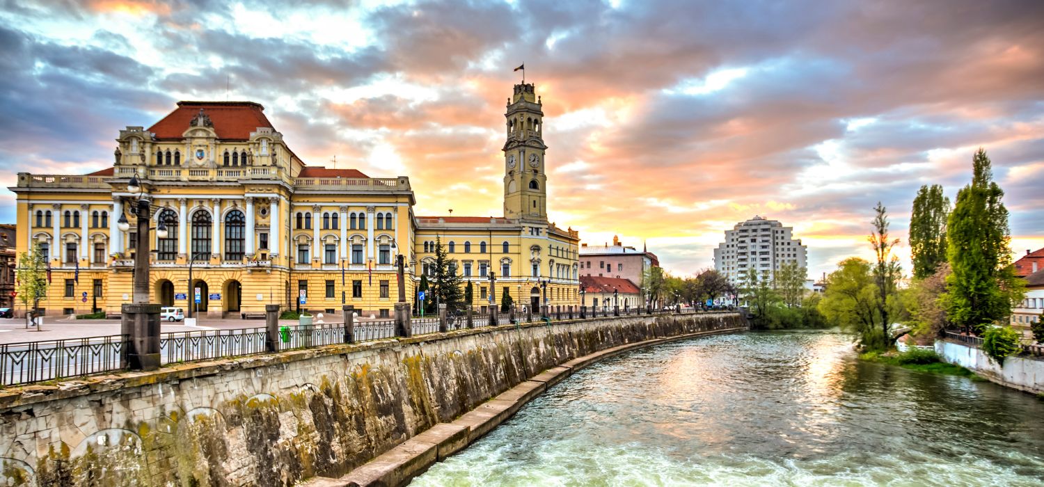 Oradea city hall seen at dawn, Romania