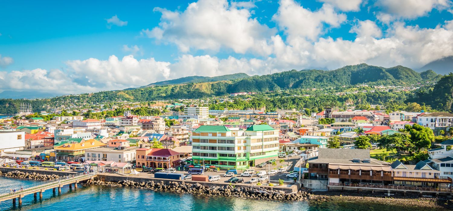 Bright and colorful landscape with cruise port and skyline of Roseau in Dominica, Caribbean Island