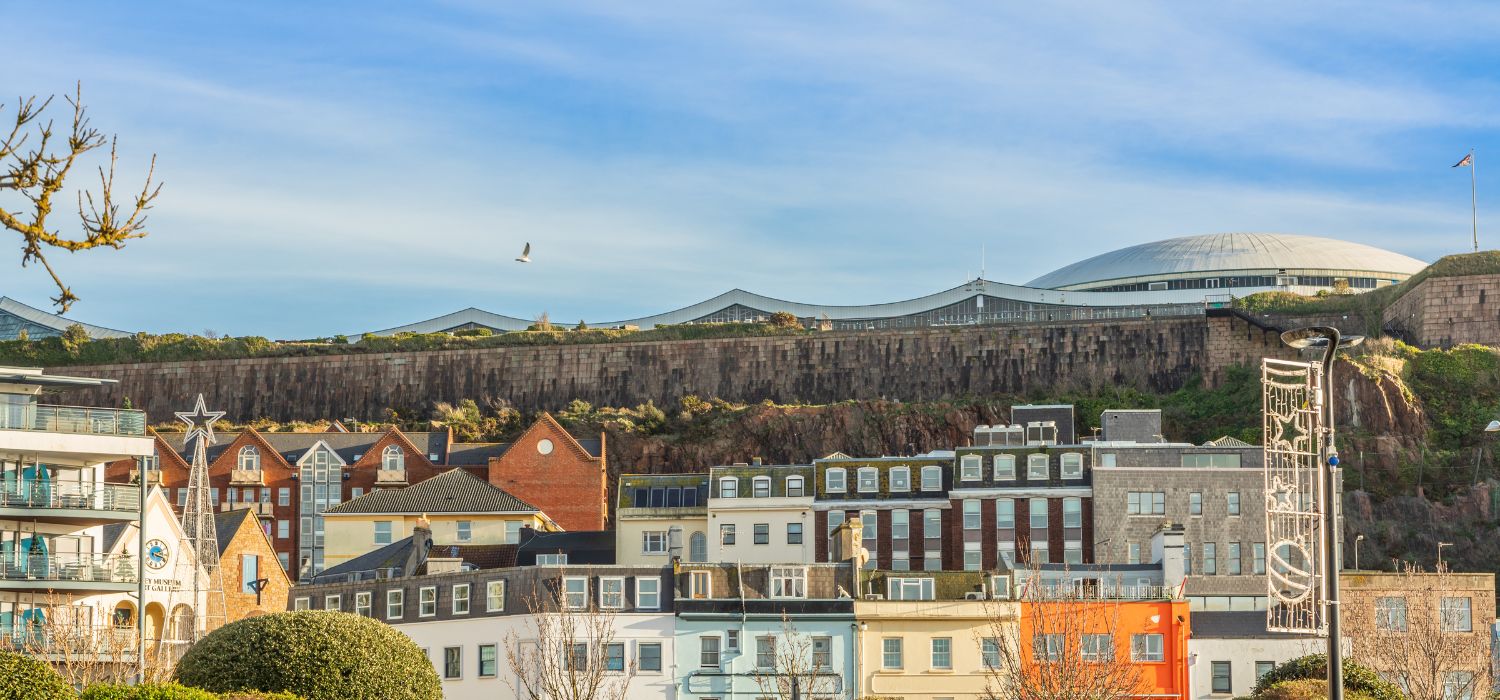 Saint Helier central square with fort Regent int the background, bailiwick of Jersey, Channel Islands