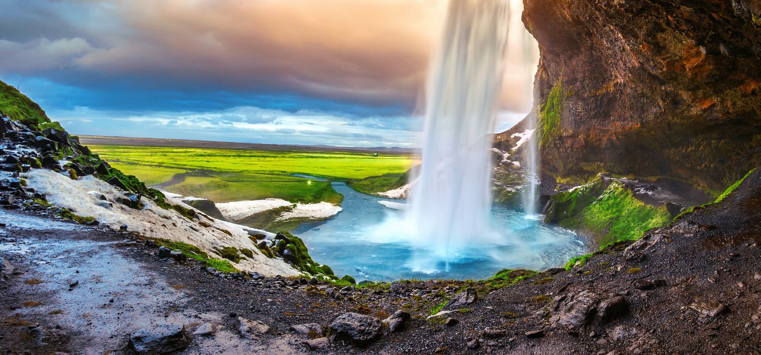 Seljalandsfoss waterfall during the sunset, Beautiful waterfall in Iceland