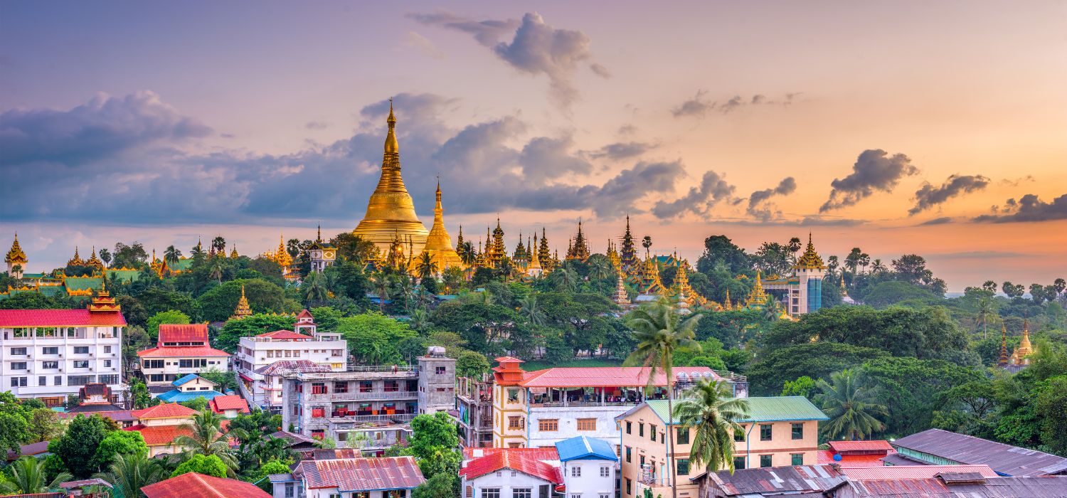 Yangon, Myanmar skyline with Shwedagon Pagoda.